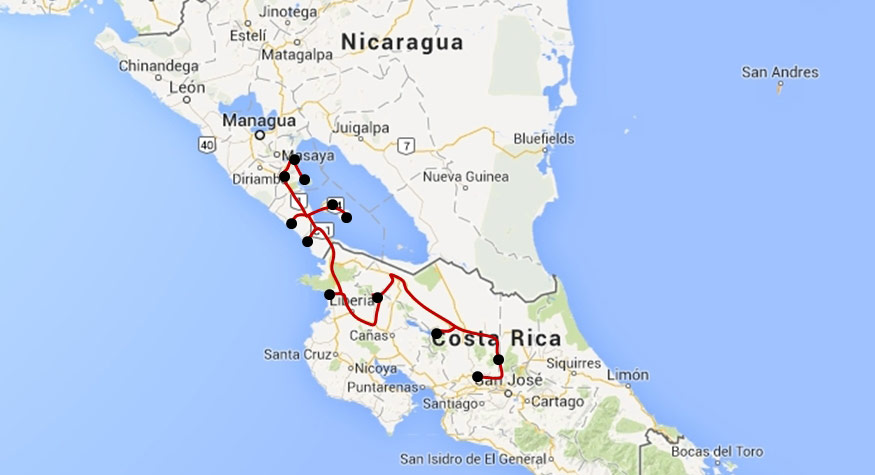 Costa Rica and Nicaragua: Actives adventures Map Tours in Nicaragua